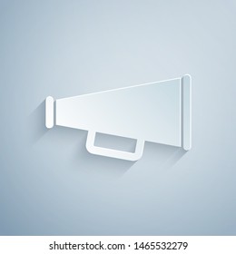 Paper cut Megaphone icon isolated on grey background. Paper art style. Vector Illustration