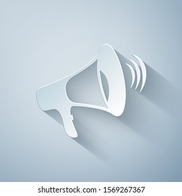 Paper cut Megaphone icon isolated on grey background. Paper art style. Vector Illustration
