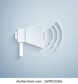 Paper cut Megaphone icon isolated on grey background. Loud speach alert concept. Bullhorn for Mouthpiece scream promotion. Paper art style. Vector Illustration