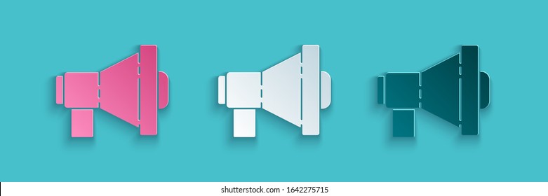 Paper cut Megaphone icon isolated on blue background. Loud speach alert concept. Bullhorn for Mouthpiece scream promotion. Paper art style. Vector Illustration
