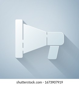Paper cut Megaphone icon isolated on grey background. Speaker sign. Paper art style. Vector Illustration