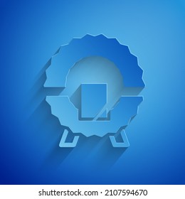 Paper cut Memorial wreath icon isolated on blue background. Funeral ceremony. Paper art style. Vector