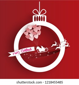 Paper cut Merry Christmas ball and happy new year, Santa sleigh Reindeers with a label on red background,vector illustration eps10.