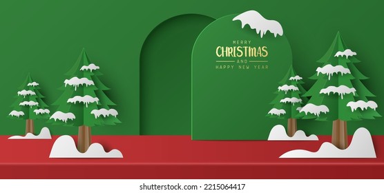 Paper cut of Merry Christmas banner studio table room product display with Christmas tree, copy space,  Merry Christmas and happy new year