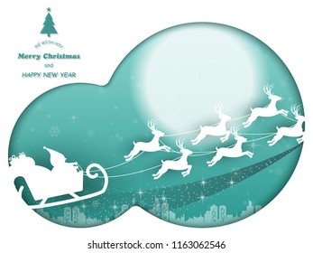 Paper cut Merry Christmas and happy new year, Santa sleigh Reindeers on the moon in bright pink background,vector illustration eps10.
