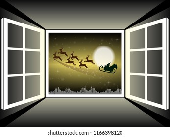 Paper cut Merry Christmas and happy new year, In the window Santa sleigh Reindeers on the moon in golden background,vector illustration eps10.