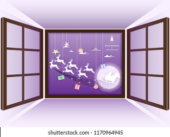 Paper cut Merry Christmas and happy new year, In the window Santa sleigh Reindeers on the moon in bright purple background,vector illustration eps10.