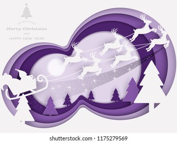 Paper cut Merry Christmas and happy new year, Santa sleigh Reindeers on the moon in bright purple background,vector illustration eps10.