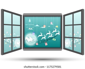 Paper cut Merry Christmas and happy new year, In the window Santa sleigh Reindeers on the moon in bright green background,vector illustration eps10.