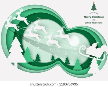 Paper cut Merry Christmas and happy new year, Santa sleigh Reindeers on the moon in bright green background,vector illustration eps10.