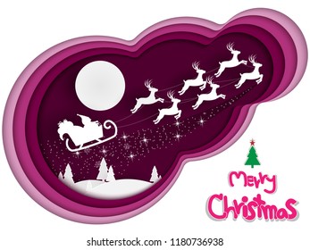 Paper cut Merry Christmas and happy new year, Santa sleigh Reindeers on the moon in bright purple background,vector illustration eps10.