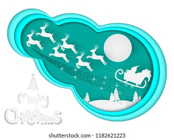 Paper cut Merry Christmas and happy new year, Santa sleigh Reindeers on the moon in bright blue background,vector illustration eps10.