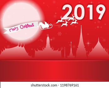 Paper cut Merry Christmas and happy new year, Santa sleigh Reindeers with a label on moon with copy space for text on red background,vector illustration eps10.