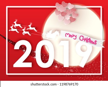 Paper cut Merry Christmas and happy new year, Santa sleigh Reindeers with heart balloon and a label on red background,vector illustration eps10.