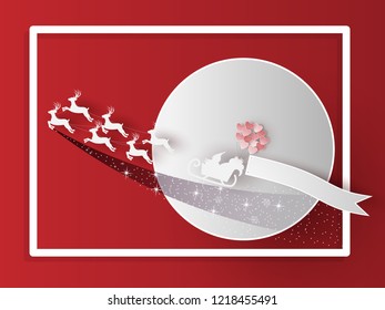 Paper cut Merry Christmas and happy new year, Santa sleigh Reindeers on the moon in bright red background,vector illustration eps10.