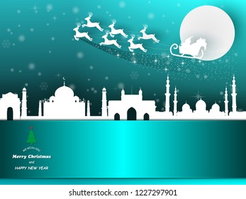 Paper cut Merry Christmas and happy new year, Santa sleigh Reindeers on Mosque city landscape on blue background with copy space for text,vector illustration Eps10.