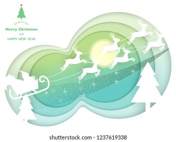Paper cut Merry Christmas and happy new year, Santa sleigh Reindeers on the moon in bright green background,vector illustration eps10.