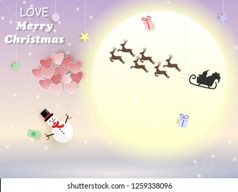 Paper cut Merry Christmas and happy new year, Santa sleigh Reindeers with snowman holding red heart floating on full moon background with copy space for text,vector illustration Eps10.
