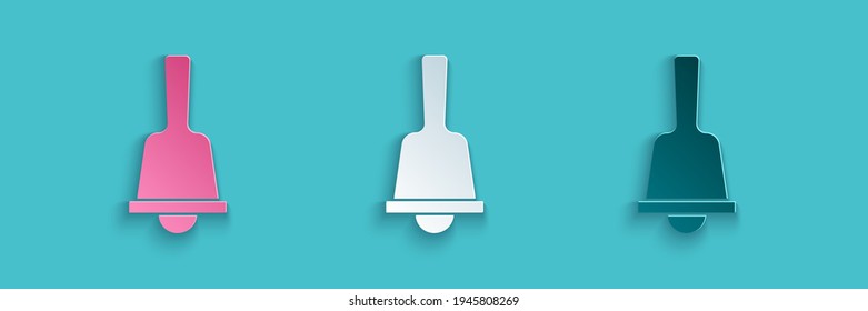 Paper cut Merry Christmas ringing bell icon isolated on blue background. Alarm symbol, service bell, handbell sign, notification. Paper art style. Vector