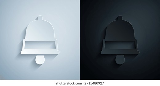 Paper cut Merry Christmas ringing bell icon isolated on grey and black background. Alarm symbol, service bell, handbell sign, notification. Paper art style. Vector