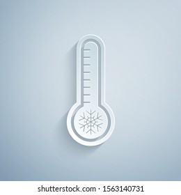 Paper cut Meteorology thermometer measuring heat and cold icon isolated on grey background. Thermometer equipment showing hot or cold weather. Paper art style. Vector Illustration