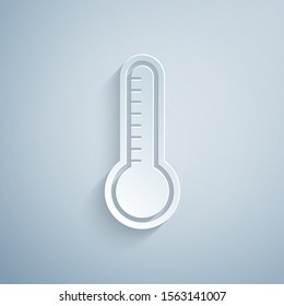 Paper cut Meteorology thermometer measuring heat and cold icon isolated on grey background. Thermometer equipment showing hot or cold weather. Paper art style. Vector Illustration