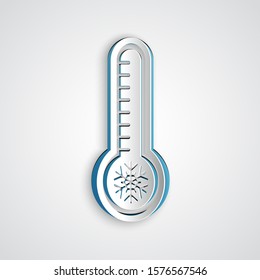 Paper cut Meteorology thermometer measuring heat and cold icon isolated on grey background. Thermometer equipment showing hot or cold weather. Paper art style. Vector Illustration