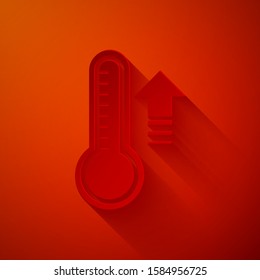 Paper cut Meteorology thermometer measuring heat and cold icon isolated on red background. Thermometer equipment showing hot or cold weather. Paper art style. Vector Illustration
