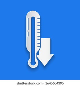 Paper cut Meteorology thermometer measuring icon isolated on blue background. Thermometer equipment showing hot or cold weather. Paper art style. Vector Illustration