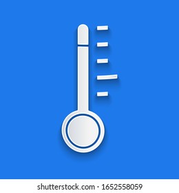 Paper cut Meteorology thermometer measuring icon isolated on blue background. Thermometer equipment showing hot or cold weather. Paper art style. Vector Illustration