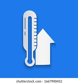 Paper cut Meteorology thermometer measuring icon isolated on blue background. Thermometer equipment showing hot or cold weather. Paper art style. Vector Illustration