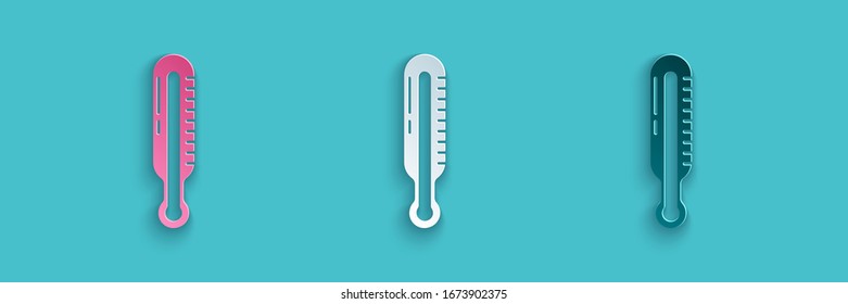 Paper cut Meteorology thermometer measuring icon isolated on blue background. Thermometer equipment showing hot or cold weather. Paper art style. Vector Illustration