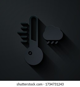 Paper cut Meteorology thermometer measuring icon isolated on black background. Thermometer equipment showing hot or cold weather. Paper art style. Vector Illustration