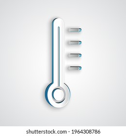 Paper cut Meteorology thermometer measuring icon isolated on grey background. Thermometer equipment showing hot or cold weather. Paper art style. Vector Illustration