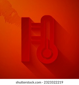Paper cut Meteorology thermometer measuring icon isolated on red background. Thermometer equipment showing hot or cold weather. Paper art style. Vector