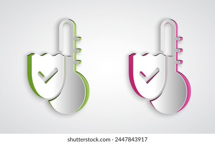 Paper cut Meteorology thermometer measuring icon isolated on grey background. Thermometer equipment showing hot or cold weather. Paper art style. Vector