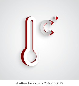 Paper cut Meteorology thermometer measuring icon isolated on grey background. Thermometer equipment showing hot or cold weather. Paper art style. Vector