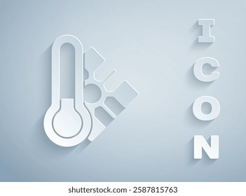 Paper cut Meteorology thermometer measuring icon isolated on grey background. Thermometer equipment showing hot or cold weather. Paper art style. Vector