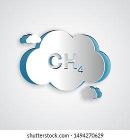 Paper cut Methane emissions reduction icon isolated on grey background. CH4 molecule model and chemical formula. Marsh gas. Natural gas. Paper art style. Vector Illustration