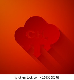 Paper cut Methane emissions reduction icon isolated on red background. CH4 molecule model and chemical formula. Marsh gas. Natural gas. Paper art style. Vector Illustration