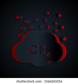 Paper cut Methane emissions reduction icon isolated on black background. CH4 molecule model and chemical formula. Marsh gas. Natural gas. Paper art style. Vector Illustration