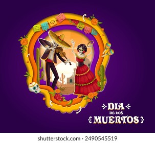 Paper cut Mexican Day of the Dead banner for Dia De Los Muertos holiday, vector greeting. Catrina and Mexican mariachi musician skeleton in sombrero hat with violin for Dia De Los Muertos fiesta