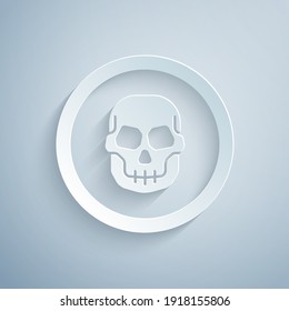 Paper cut Mexican skull coin icon isolated on grey background. Paper art style. Vector.