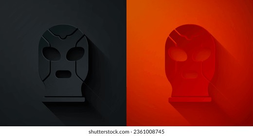 Paper cut Mexican wrestler icon isolated on black and red background. Paper art style. Vector