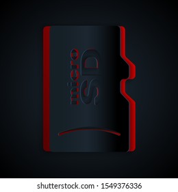 Paper cut Micro SD memory card icon isolated on black background. Paper art style. Vector Illustration