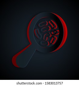 Paper cut Microorganisms under magnifier icon isolated on black background. Bacteria and germs, cell cancer, microbe, virus, fungi. Paper art style. Vector Illustration