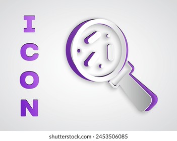 Paper cut Microorganisms under magnifier icon isolated on grey background. Bacteria and germs, cell cancer, microbe, virus, fungi. Paper art style. Vector