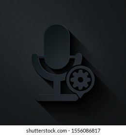 Paper cut Microphone and gear icon isolated on black background. Adjusting app, service concept, setting options, maintenance, repair, fixing. Paper art style. Vector Illustration