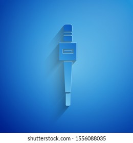 Paper cut Microphone icon isolated on blue background. On air radio mic microphone. Speaker sign. Paper art style. Vector Illustration