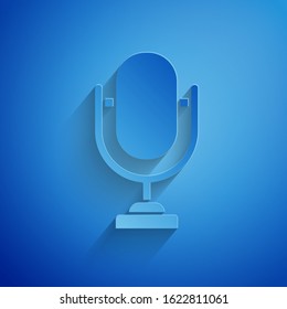 Paper Cut Microphone Icon Isolated On Blue Background. On Air Radio Mic Microphone. Speaker Sign. Paper Art Style. Vector Illustration